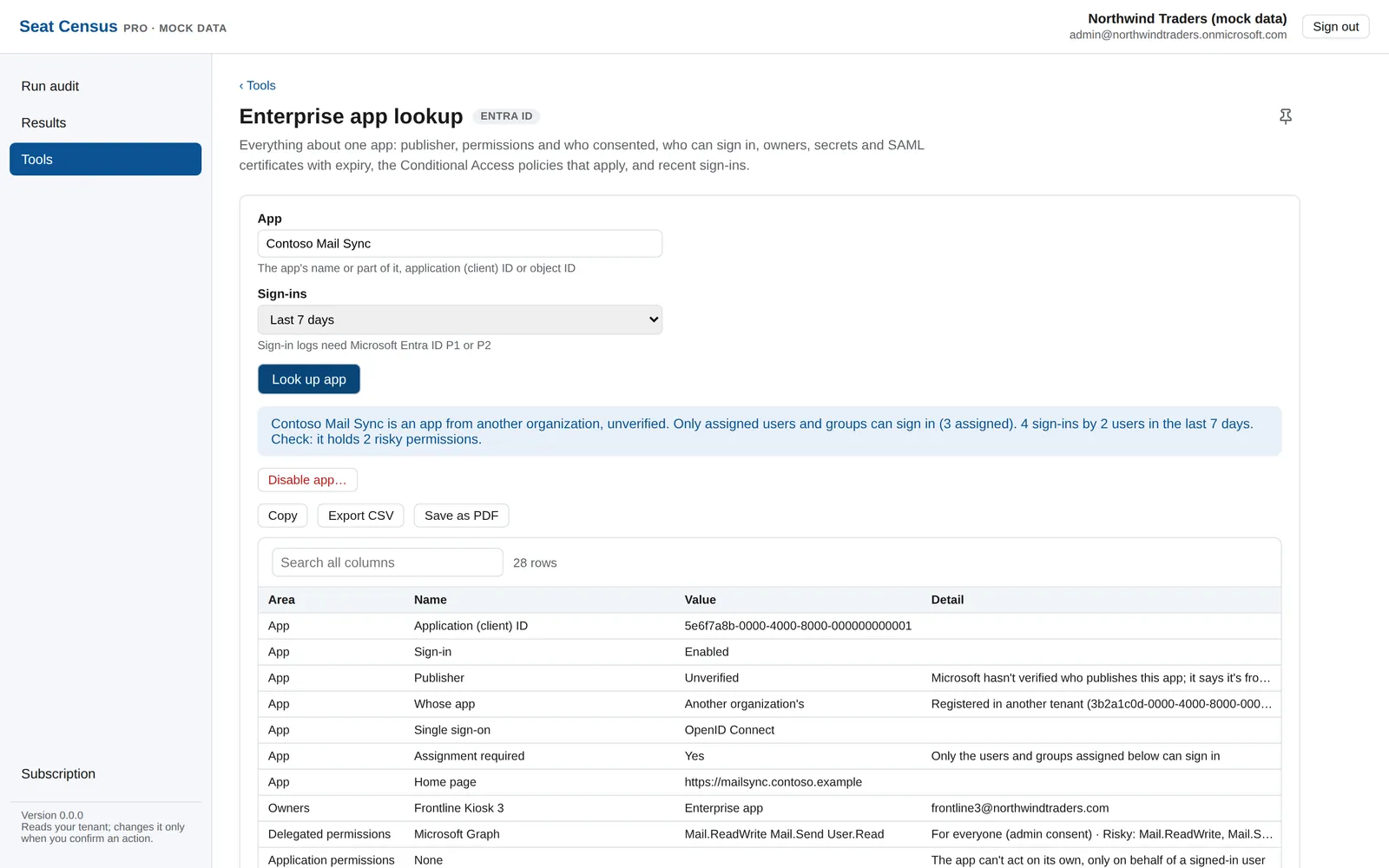 The enterprise app lookup for a sample app: an unverified app holding two risky permissions, with a Disable app button that asks for confirmation.