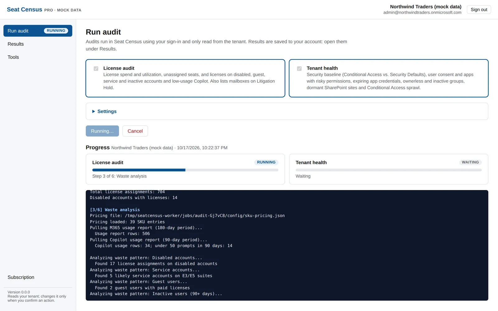 An audit running in Seat Census, with its progress and live log.
