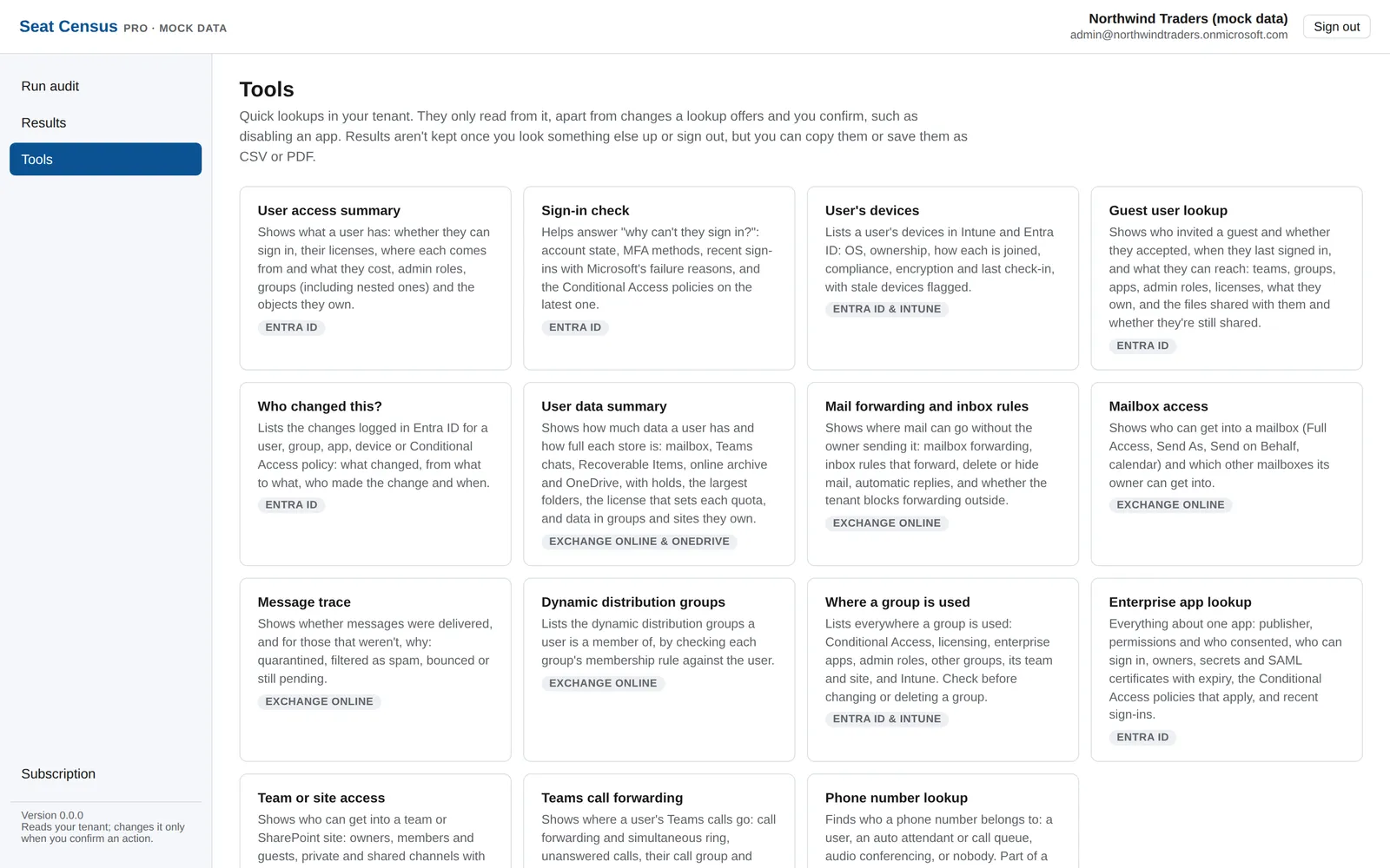 The Tools page listing the fifteen tools.
